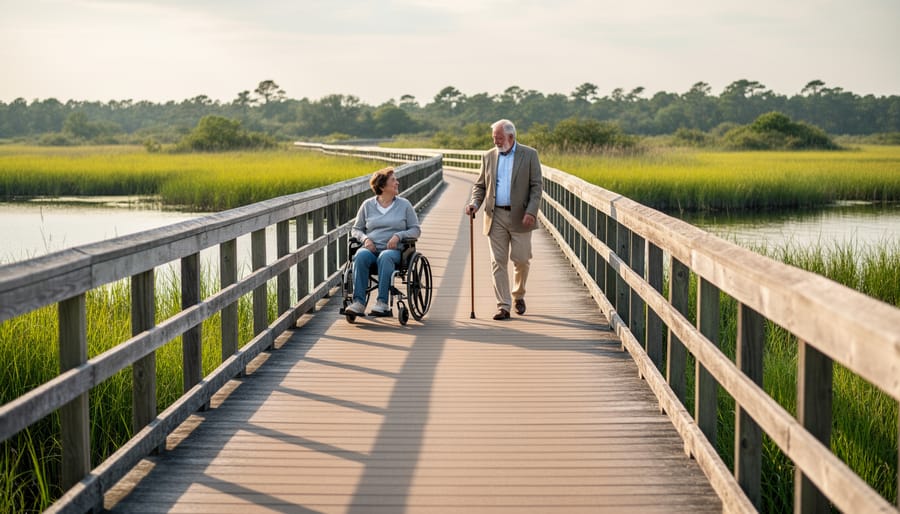 Wooden boardwalk trail through peaceful wetland with tall grasses