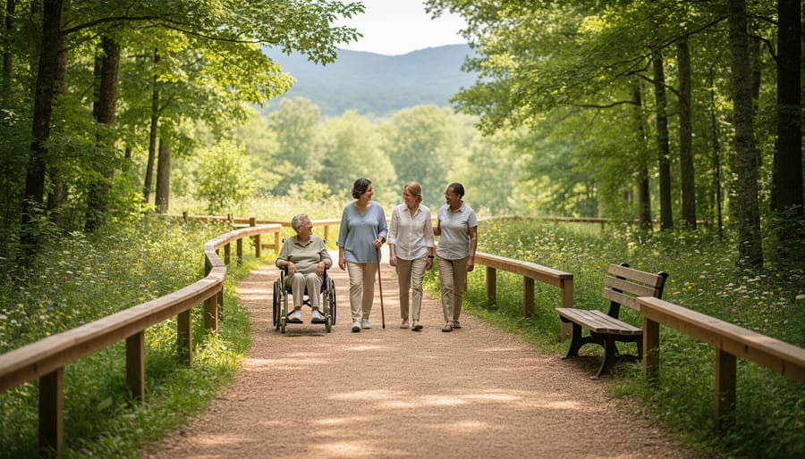 Person with walking stick on peaceful paved forest trail